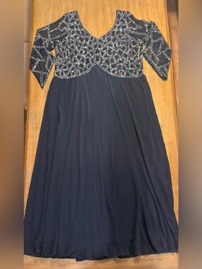 J Kara Navy Beaded Long Sleeve Evening Gown #102